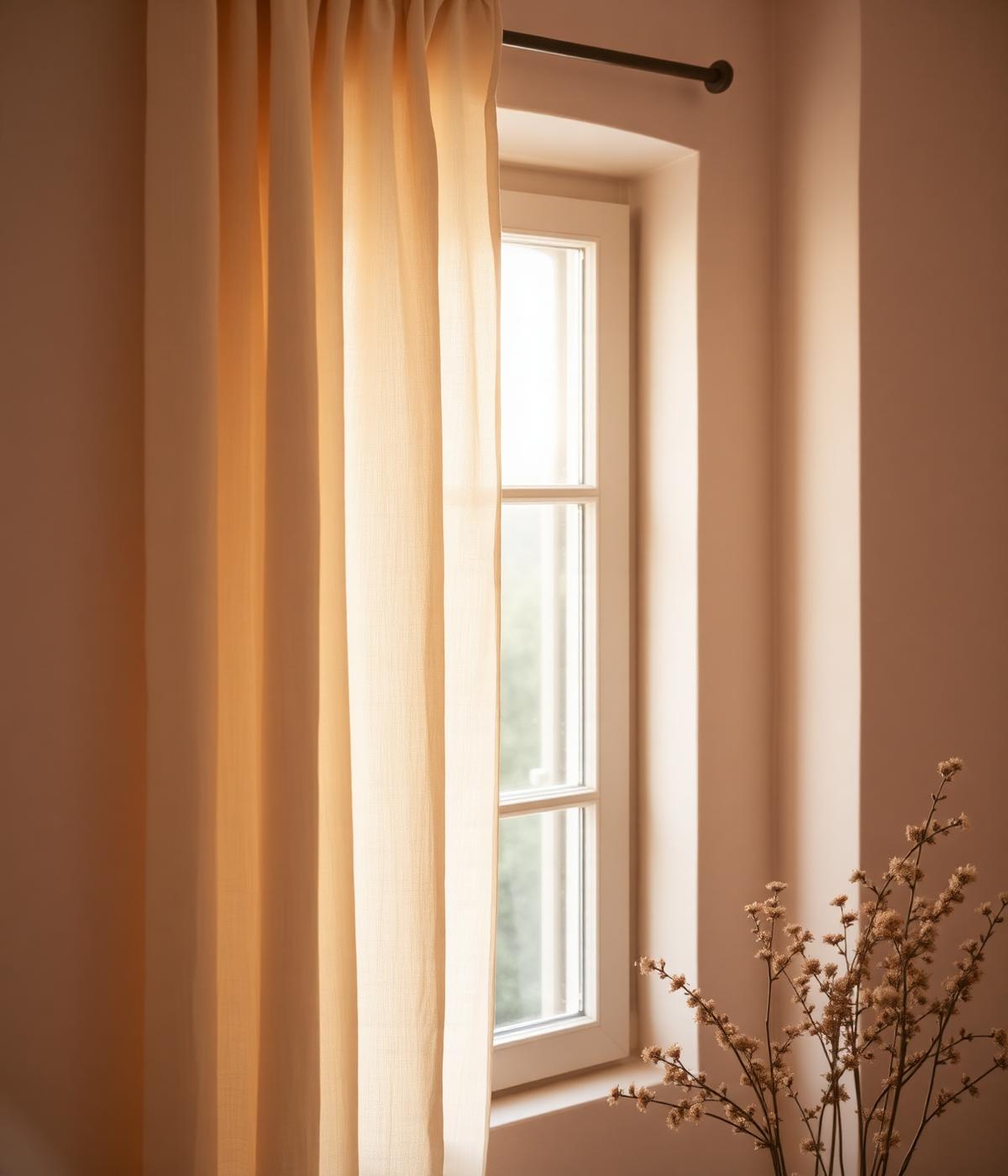 Stanza luminosa con tenda e luce calda